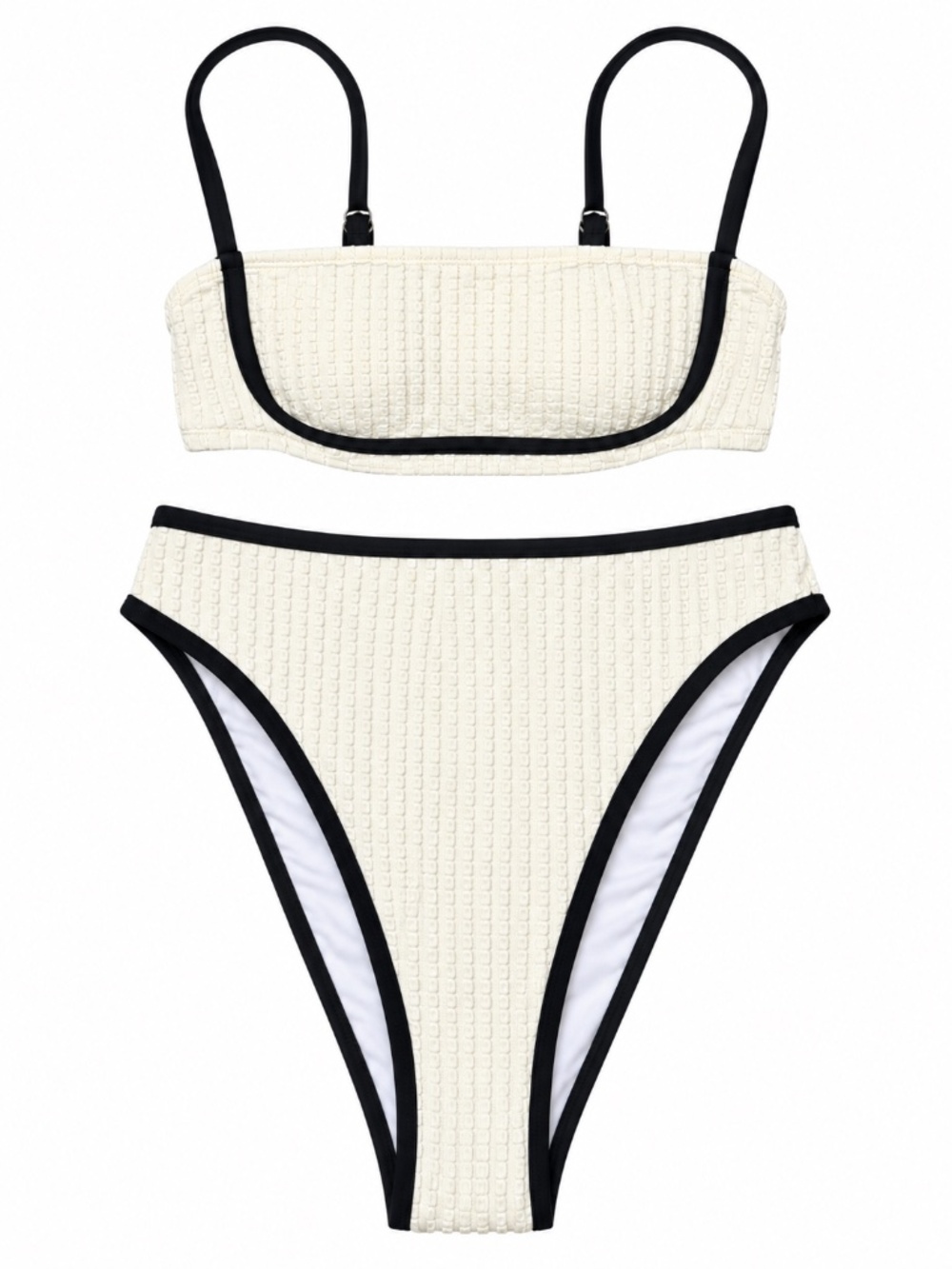 Cream Black Trim Textured High Waist Bikini Set